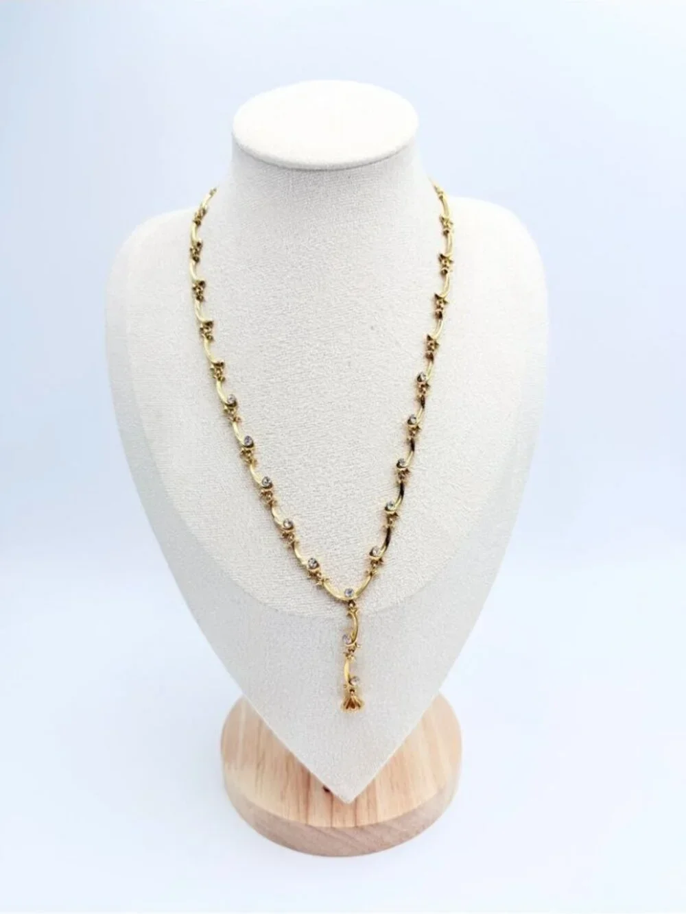 Vintage Gold Tone Rhinestone Y Drop Necklace Art Nouveau Style